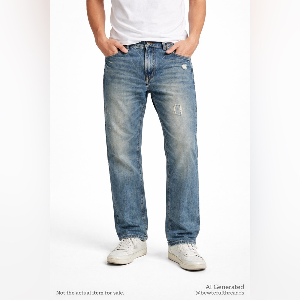 Flypaper Men’s W33 Distressed Blue Straight-Leg Jeans 100% Cotton